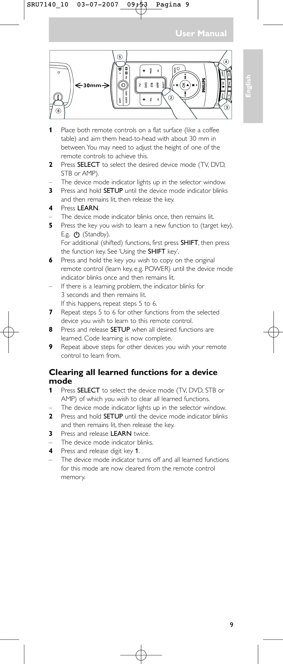 Philips SRU 7140 user manual Clearing all learned functions for a device mode 