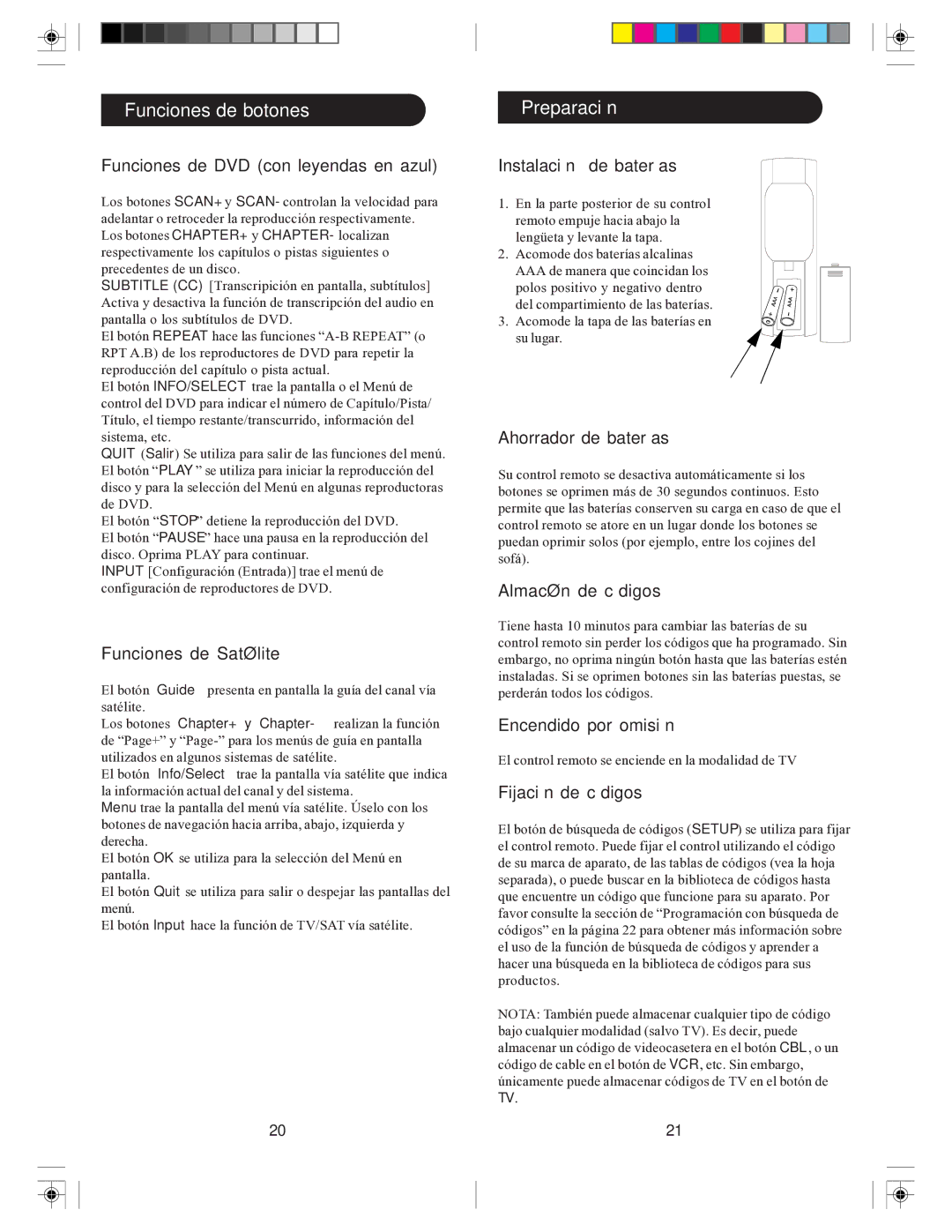 Philips SRU2103S/27 Preparación, Funciones de DVD con leyendas en azul, Instalación de baterías, Ahorrador de baterías 