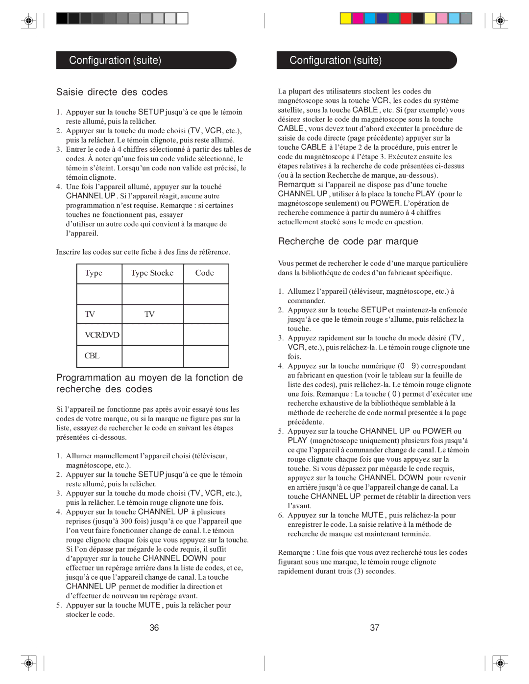 Philips SRU2103S/27 owner manual Configuration suite, Saisie directe des codes, Recherche de code par marque 