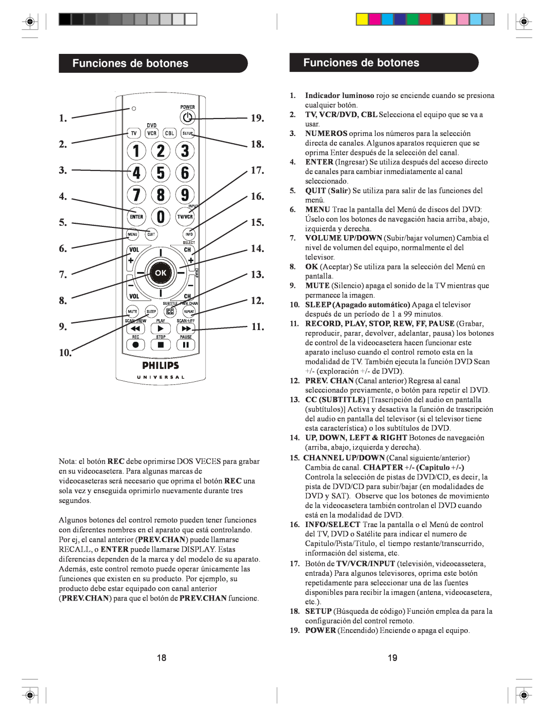 Philips SRU2103S/27 owner manual Funciones de botones, OK Aceptar Se utiliza para la selección del Menú en, pantalla 