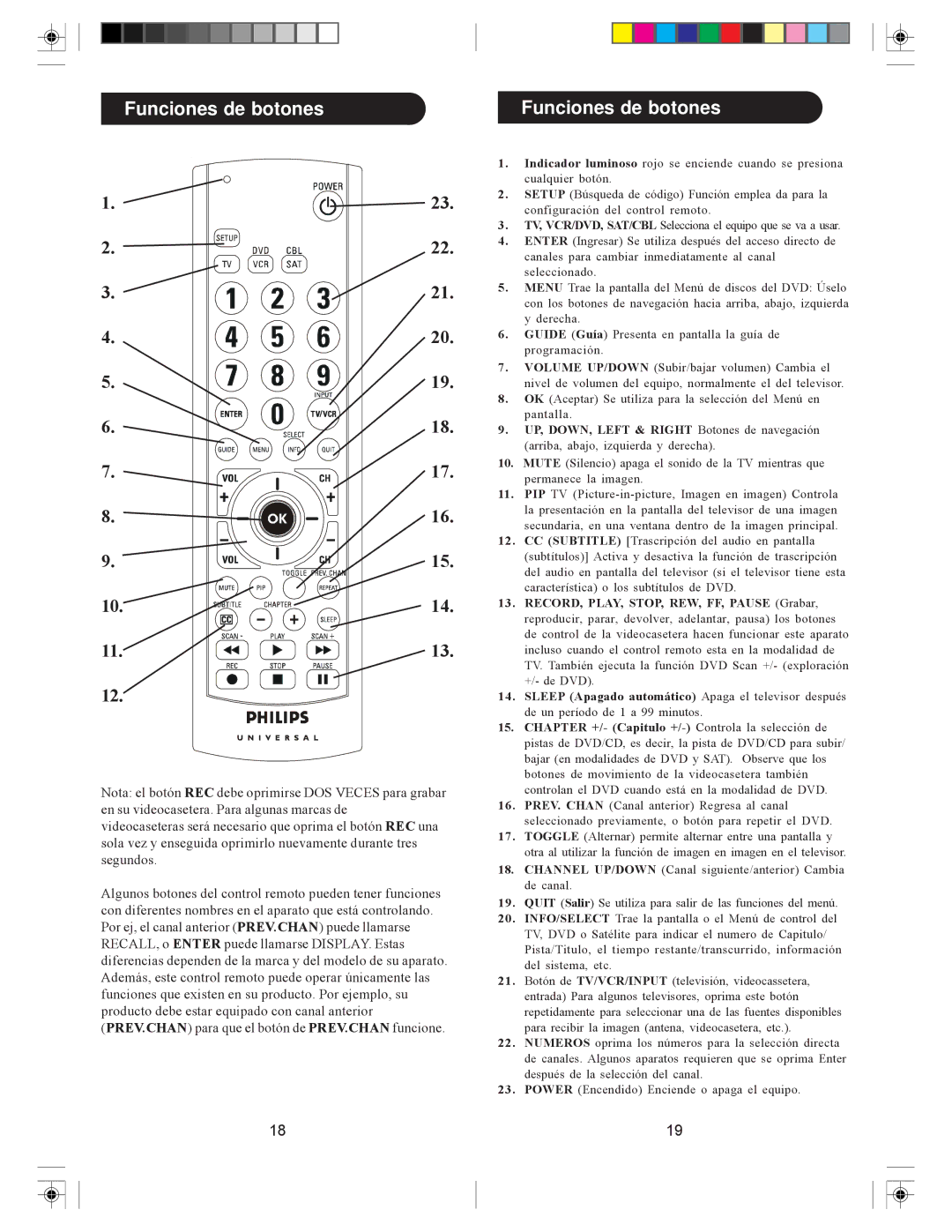 Philips SRU3003/27 owner manual Funciones de botones, UP, DOWN, Left & Right Botones de navegación 