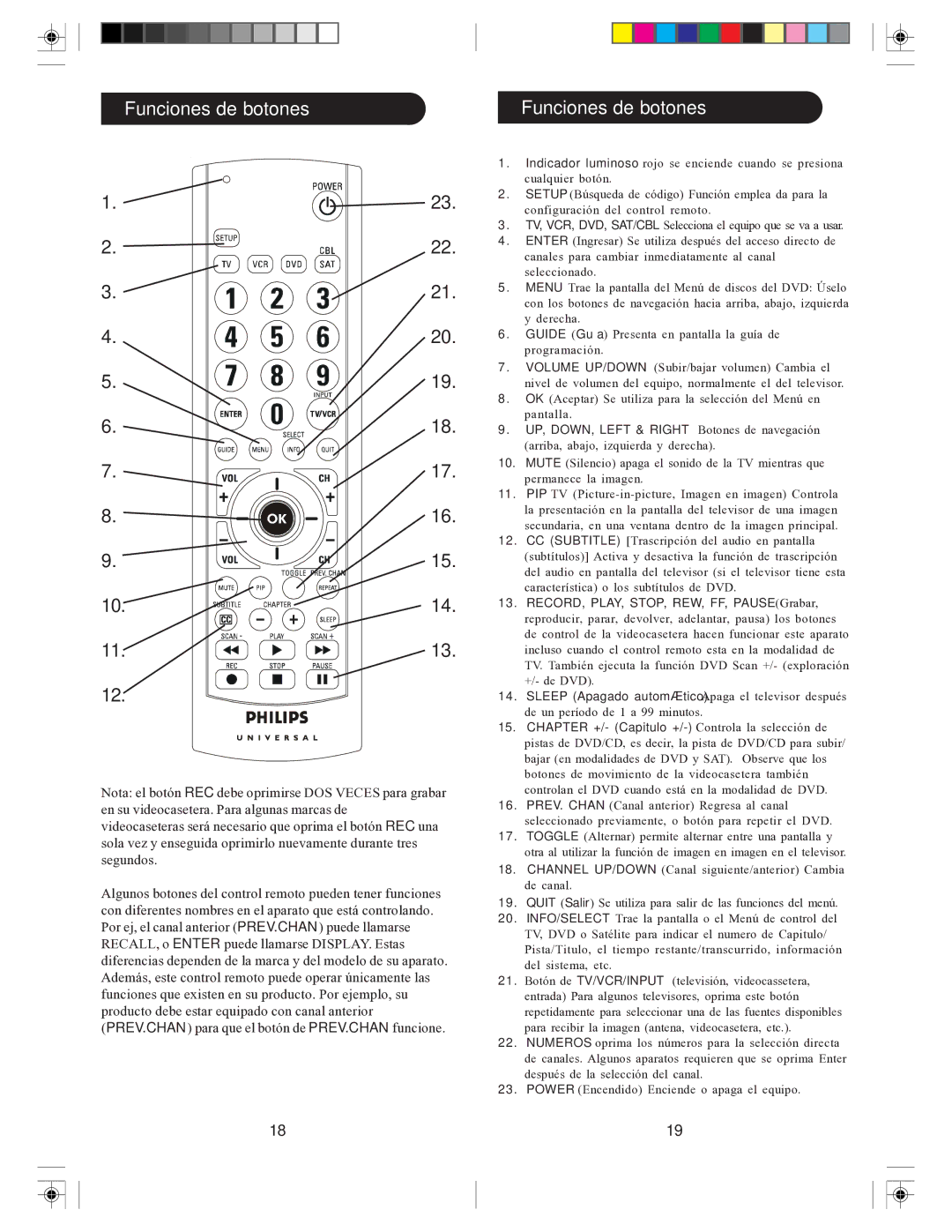 Philips SRU3004/27 owner manual Funciones de botones, UP, DOWN, Left & Right Botones de navegación 