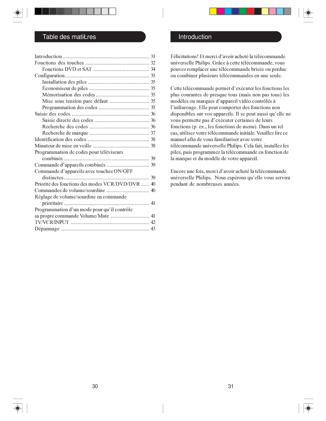 Philips SRU3004/27 owner manual Table des matières, Programmation des codes Saisie des codes 