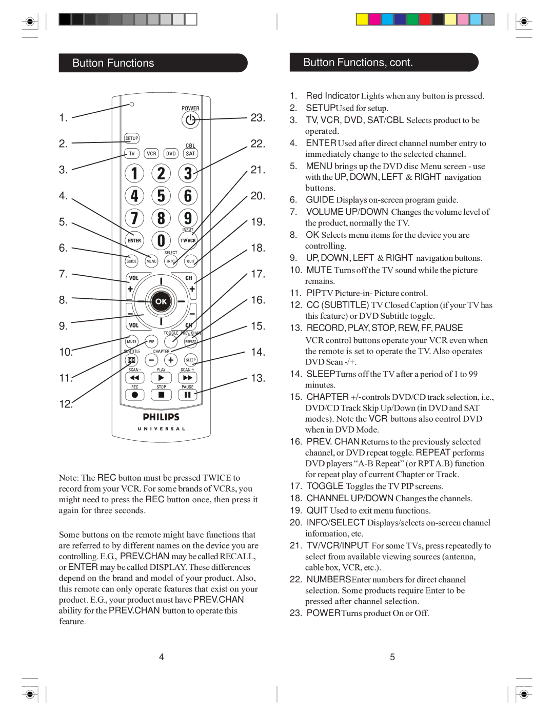 Philips SRU3004/27 owner manual Button Functions Button Functions, TV, VCR, DVD, SAT/CBL Selects product to be 