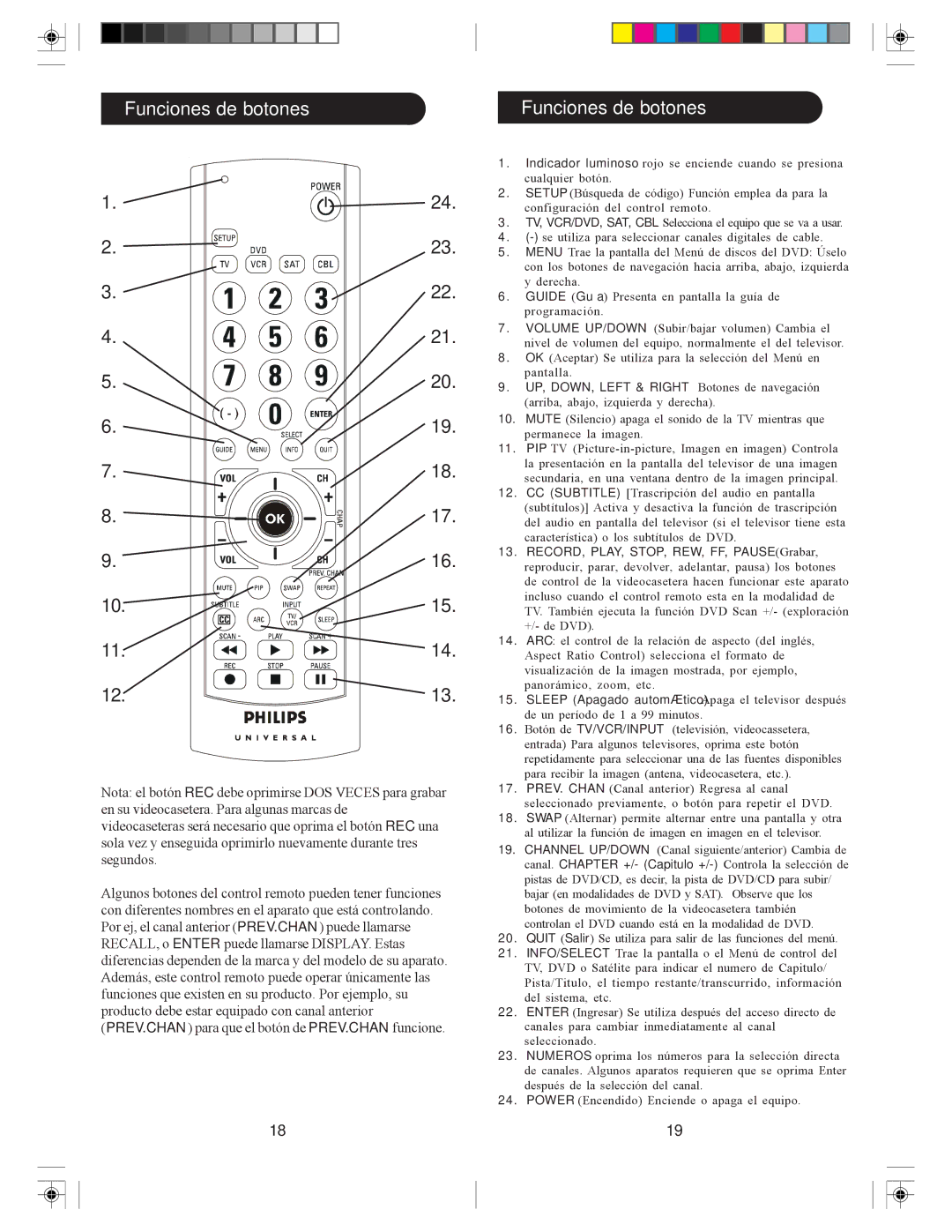 Philips sru3004wm/17 owner manual Funciones de botones, UP, DOWN, Left & Right Botones de navegación 