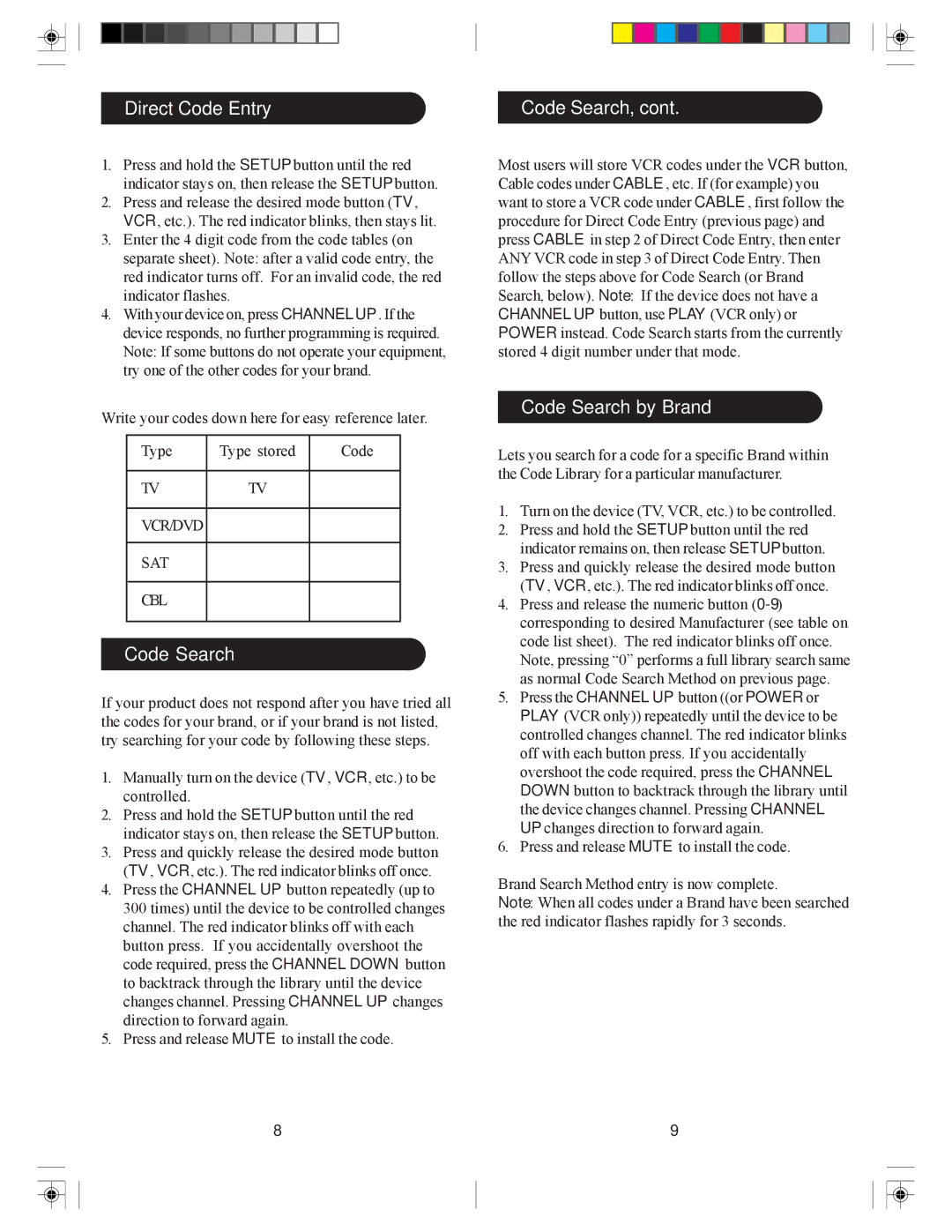 Philips sru3004wm/17 owner manual Direct Code Entry Code Search, Code Search by Brand 