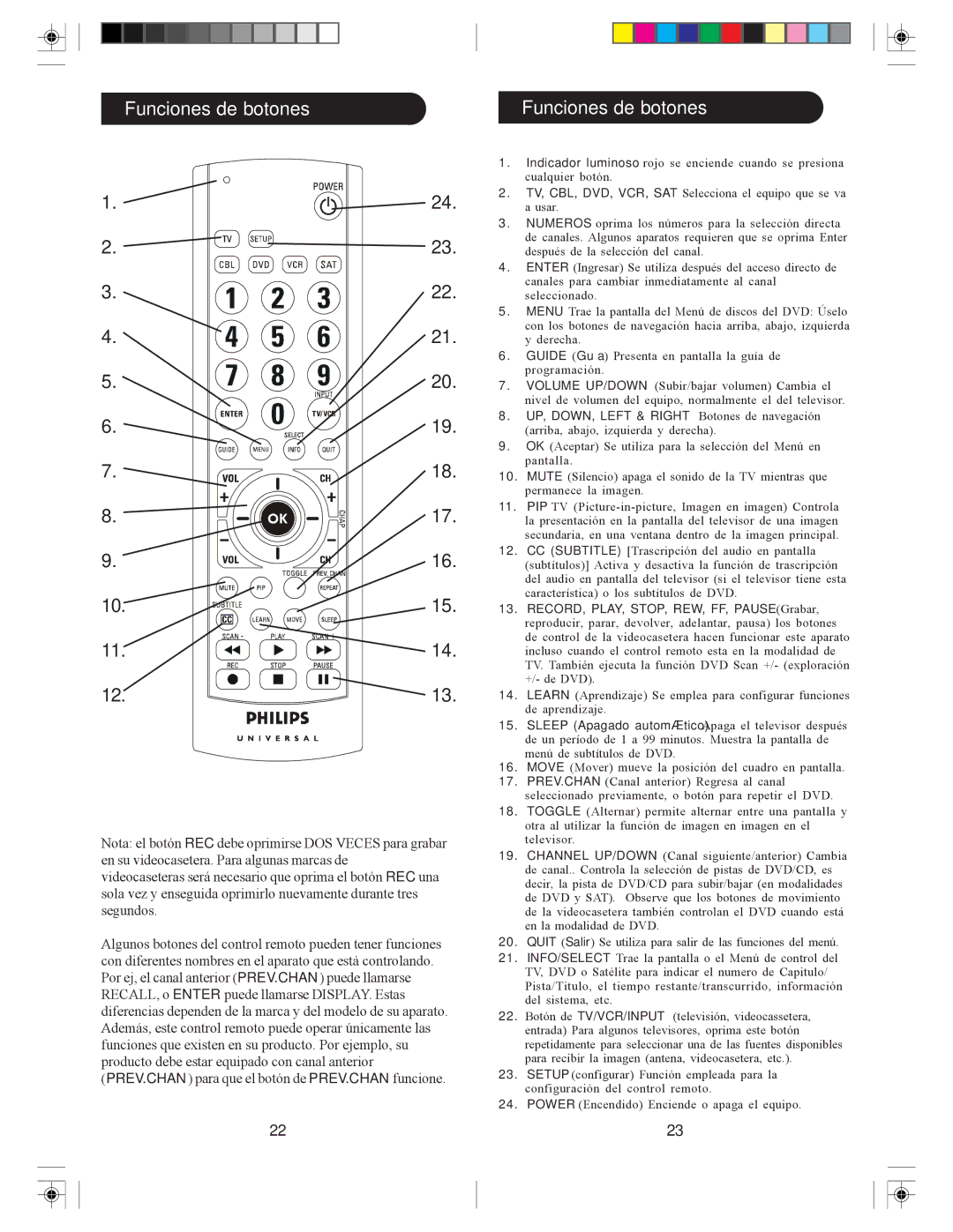 Philips SRU3005/27 owner manual Funciones de botones, UP, DOWN, Left & Right Botones de navegación 