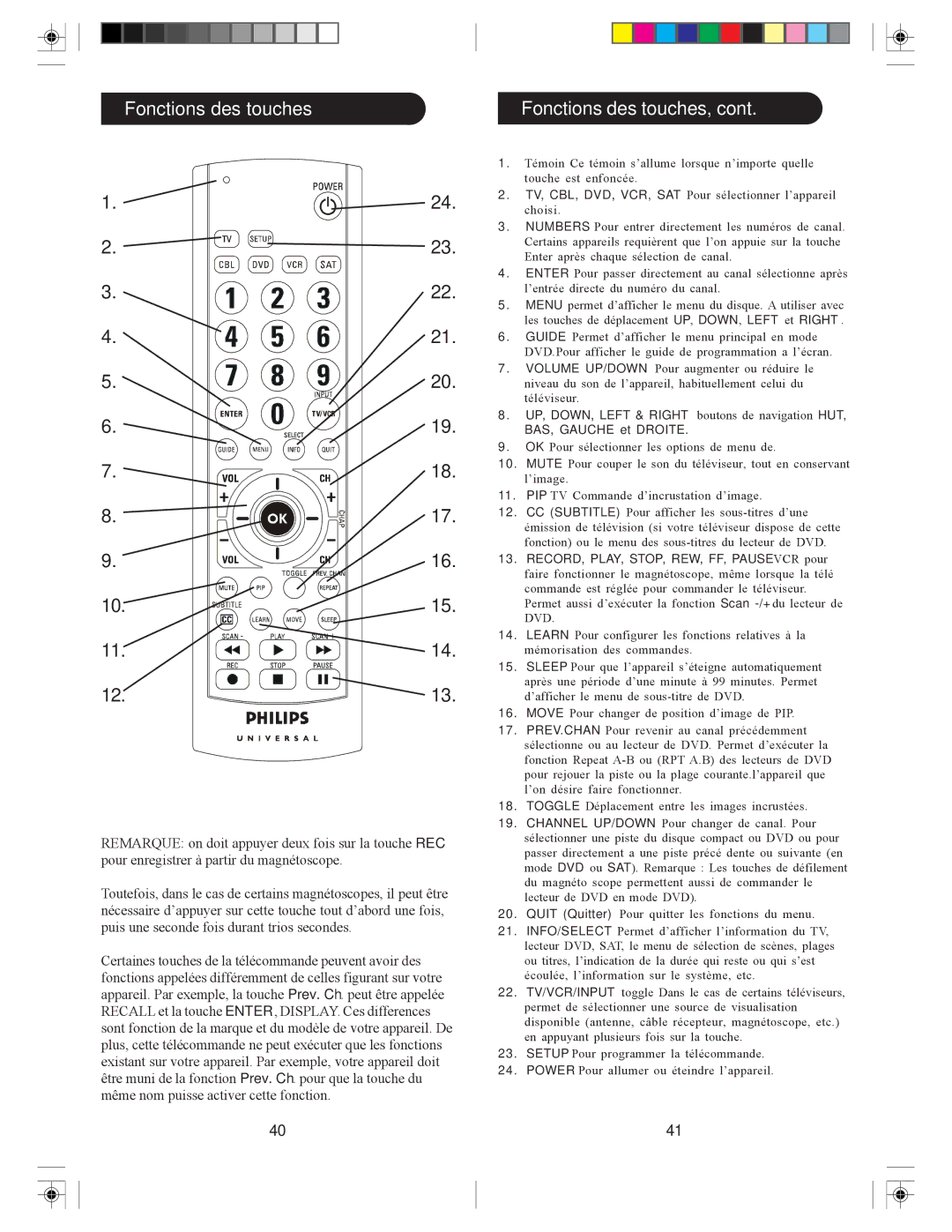 Philips SRU3005/27 owner manual Fonctions des touches Fonctions des touches, BAS, Gauche et Droite 