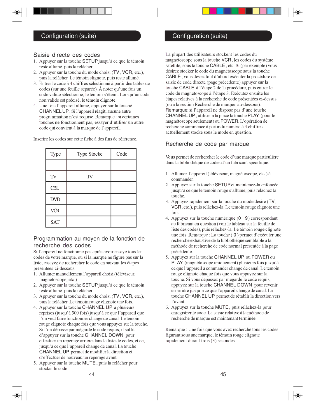 Philips SRU3005/27 owner manual Configuration suite, Saisie directe des codes, Recherche de code par marque 