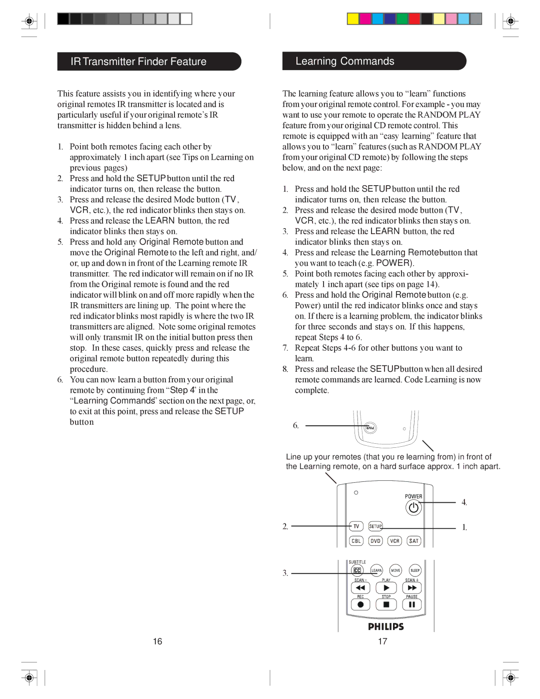 Philips SRU3005/27 owner manual IR Transmitter Finder Feature Learning Commands 