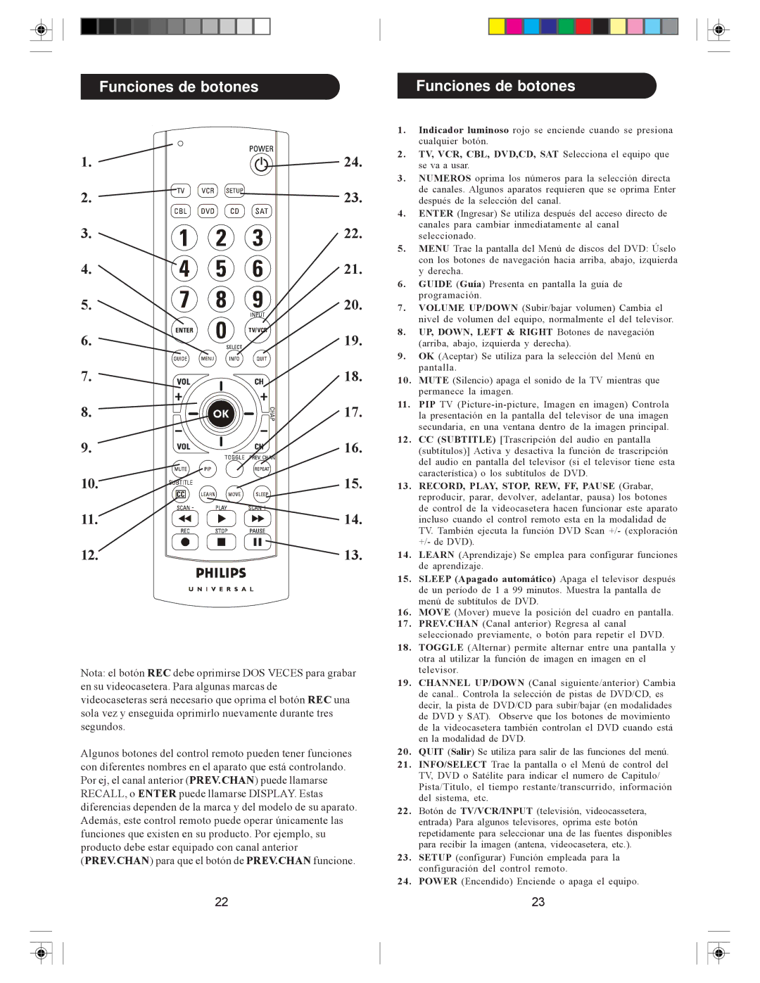 Philips SRU3006L/27 owner manual Funciones de botones, TV, VCR, CBL, DVD,CD, SAT Selecciona el equipo que 