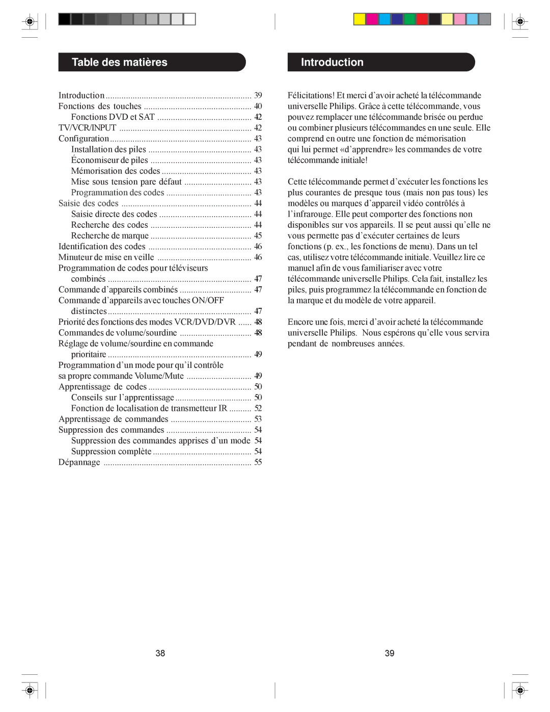 Philips SRU3006L/27 owner manual Table des matières, Tv/Vcr/Input 