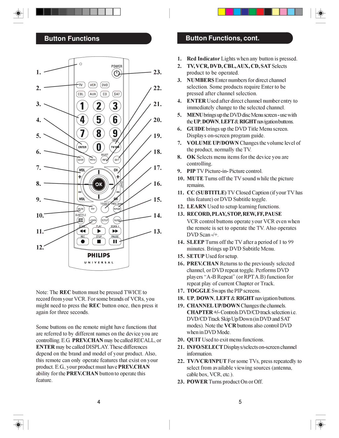 Philips SRU3007/27 owner manual Button Functions Button Functions, TV, VCR, DVD, CBL, AUX, CD, SAT Selects 