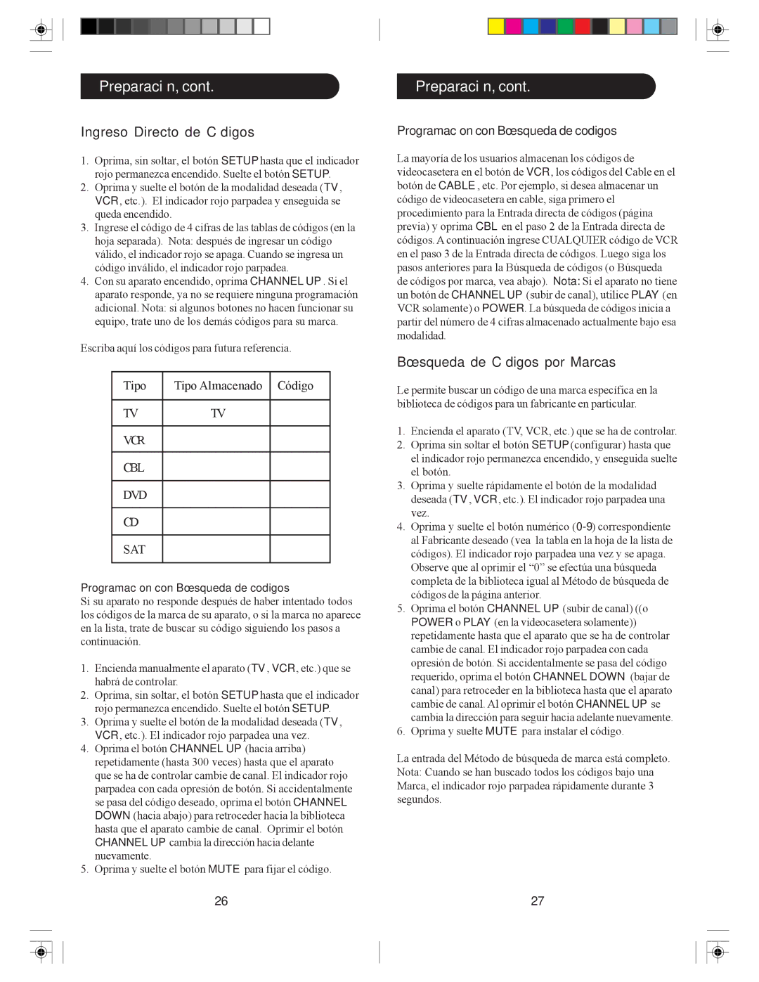 Philips SRU4006/27 owner manual Preparación, Ingreso Directo de Códigos, Búsqueda de Códigos por Marcas 