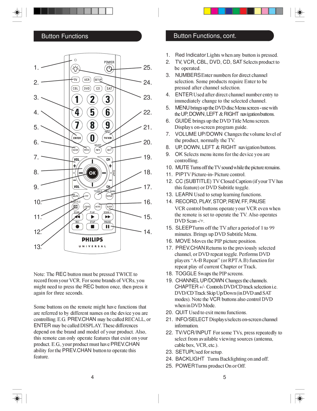 Philips SRU4006/27 owner manual Button Functions Button Functions, TV, VCR, CBL, DVD, CD, SAT Selects product to 