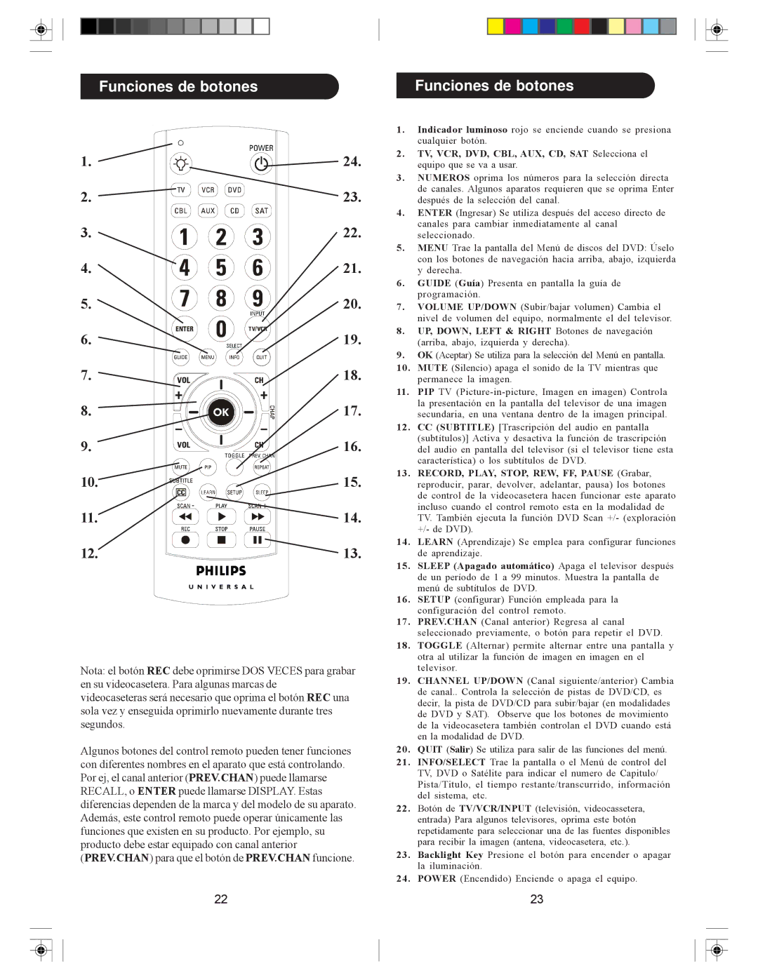 Philips SRU4007/27 owner manual Funciones de botones, TV, VCR, DVD, CBL, AUX, CD, SAT Selecciona el 