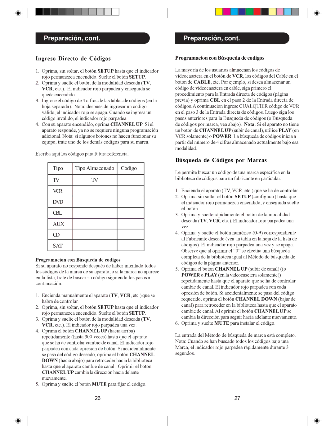 Philips SRU4007/27 owner manual Preparación, Ingreso Directo de Códigos, Búsqueda de Códigos por Marcas 