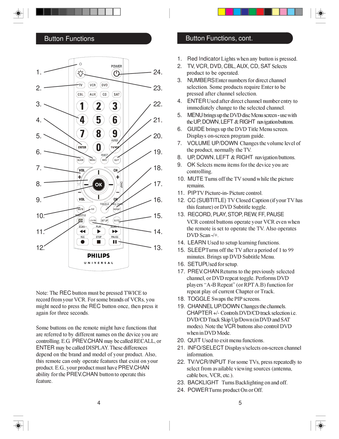 Philips SRU4007/27 owner manual Button Functions Button Functions, TV, VCR, DVD, CBL, AUX, CD, SAT Selects 