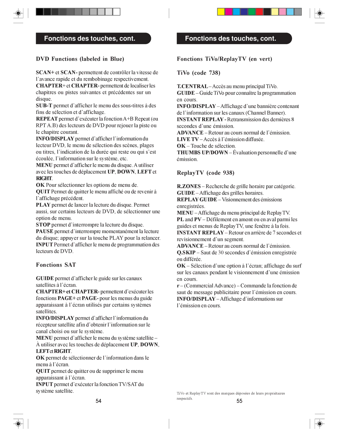 Philips SRU4008 DVD Functions labeled in Blue, Fonctions SAT, Fonctions TiVo/ReplayTV en vert TiVo code, ReplayTV code 