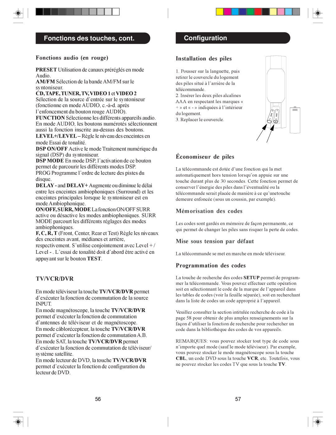 Philips SRU4008 owner manual Configuration, Fonctions audio en rouge, Installation des piles, Économiseur de piles 