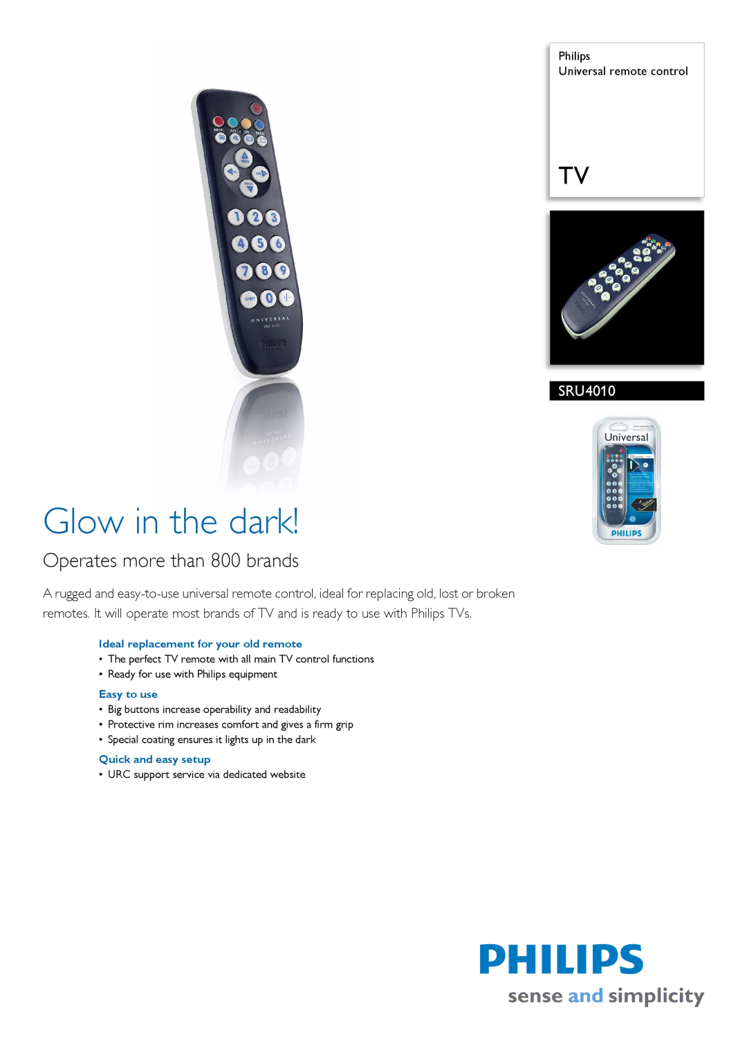 Philips SRU4010 manual Ideal replacement for your old remote, Easy to use, Quick and easy setup 