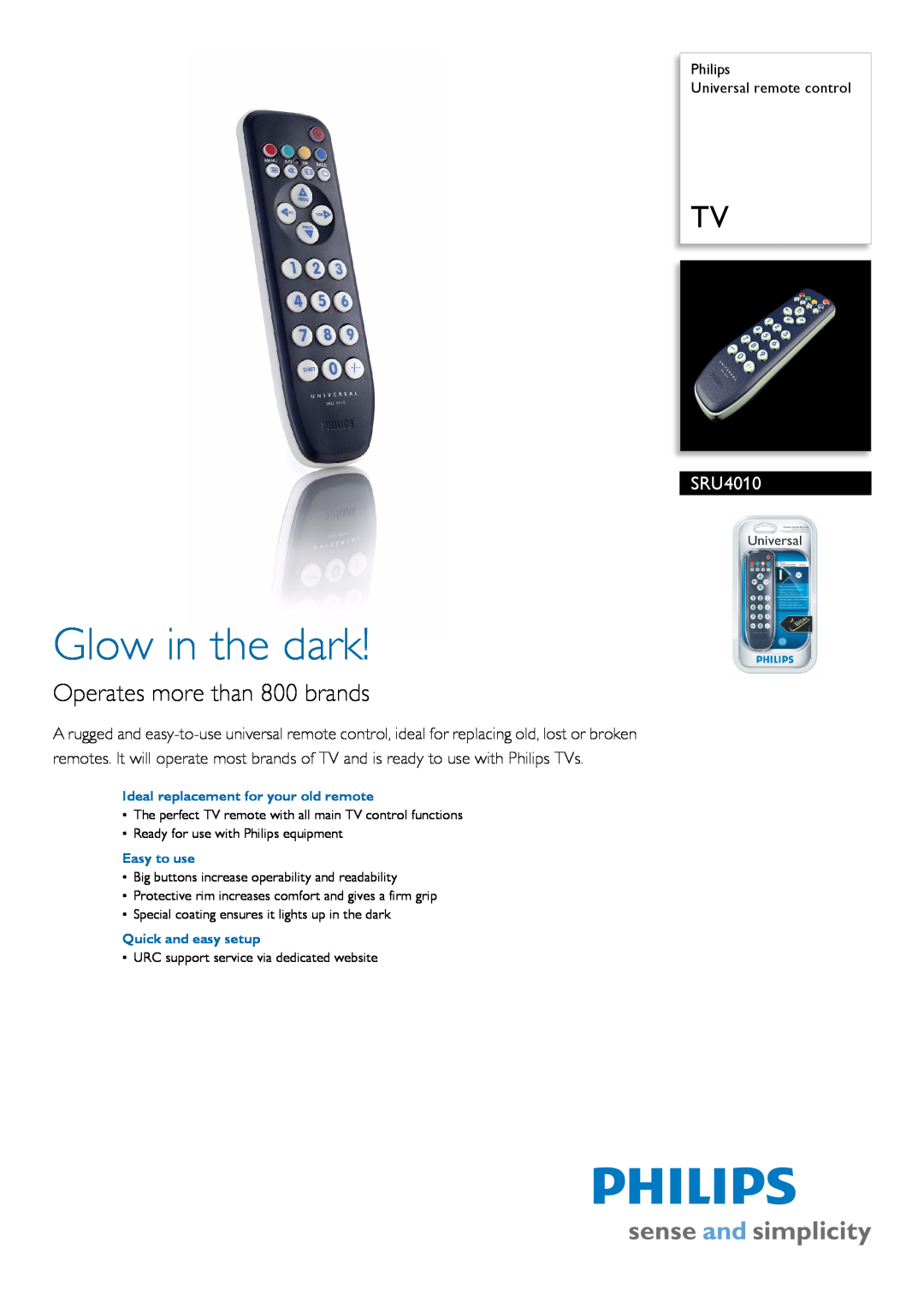 Philips SRU4010 manual Glow in the dark, Operates more than 800 brands 