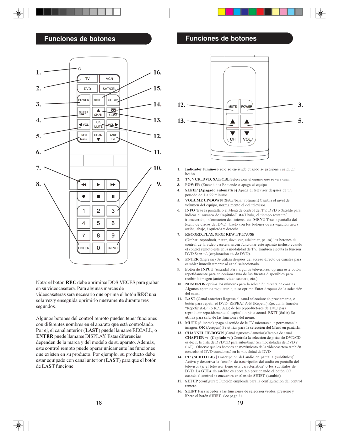 Philips SRU4040 owner manual Funciones de botones 