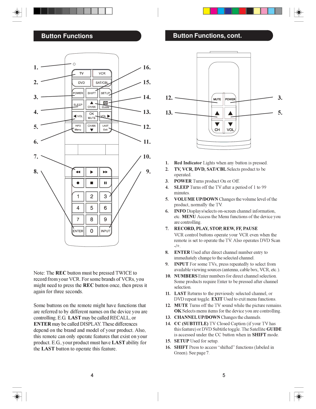 Philips SRU4040 owner manual Button Functions Button Functions, TV, VCR, DVD, SAT/CBL Selects product to be operated 