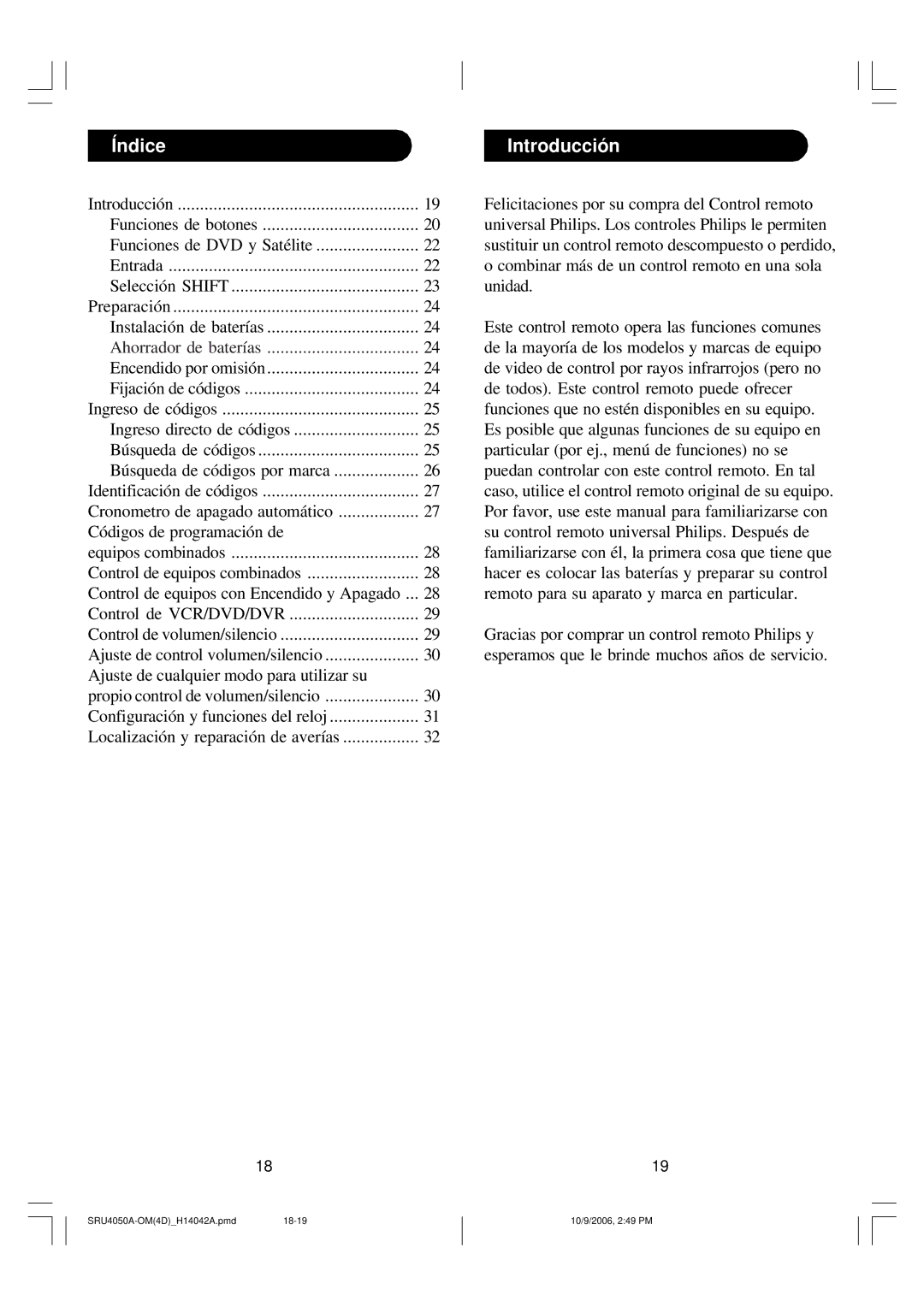 Philips SRU4050 owner manual Índice, Introducción 