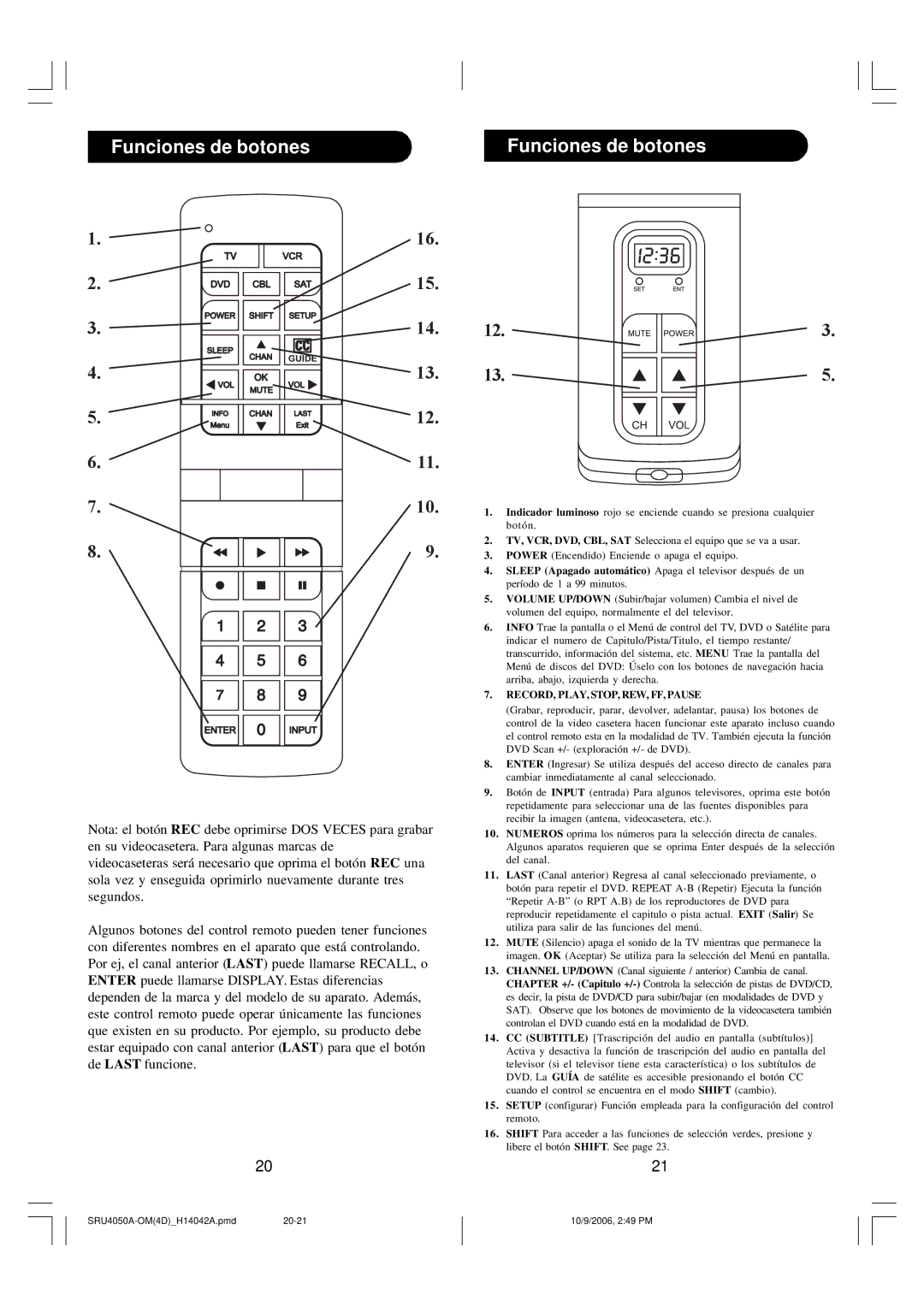 Philips SRU4050 owner manual Funciones de botones 