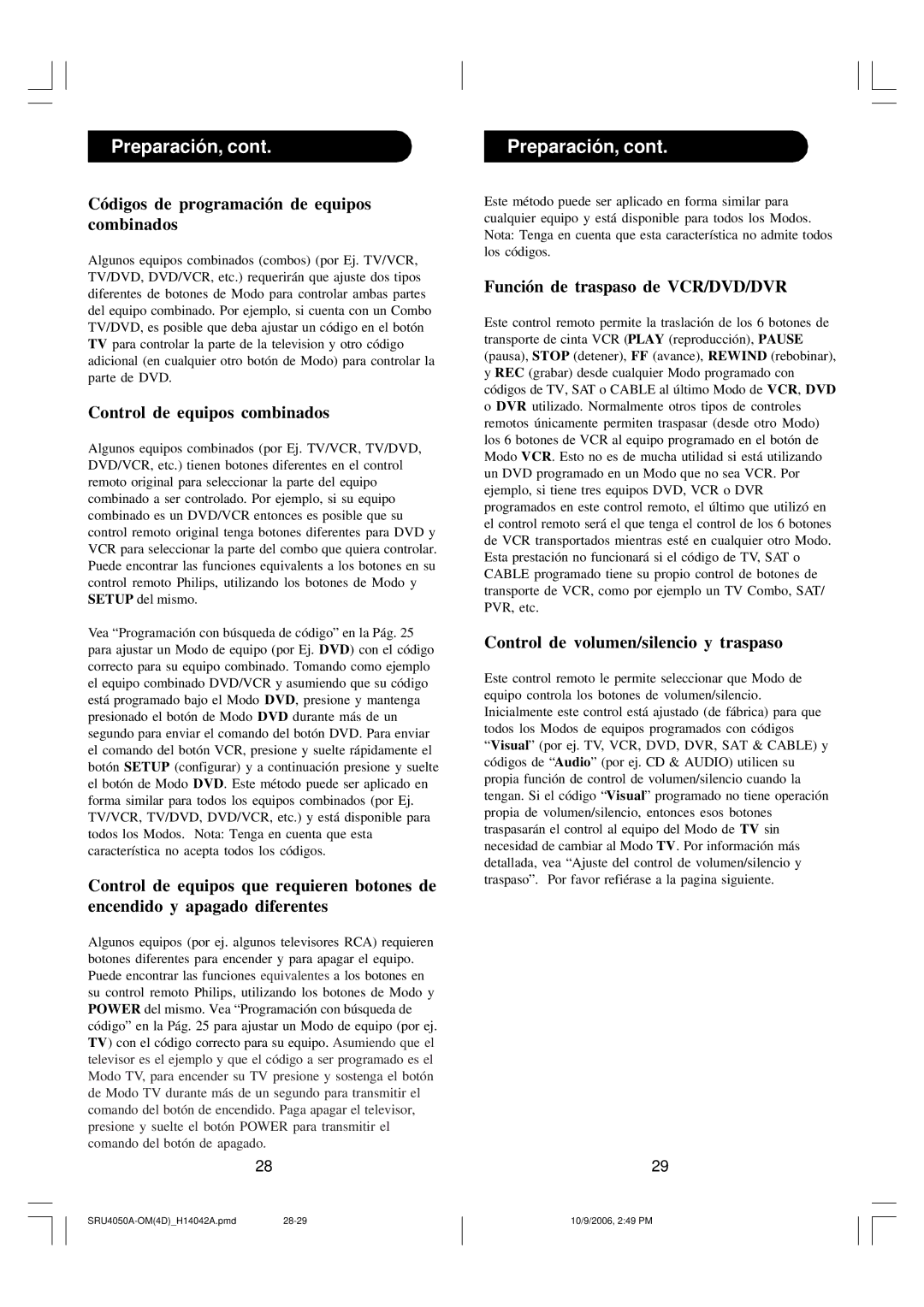 Philips SRU4050 owner manual Preparación, Códigos de programación de equipos combinados, Control de equipos combinados 