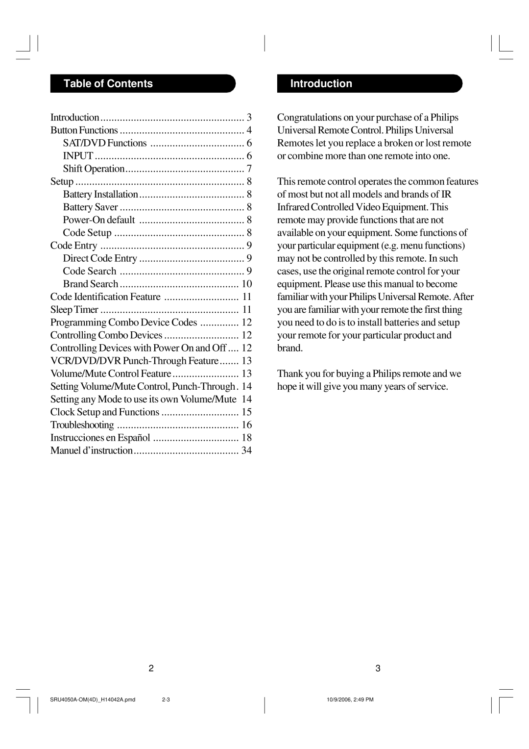 Philips SRU4050 owner manual Table of Contents Introduction 