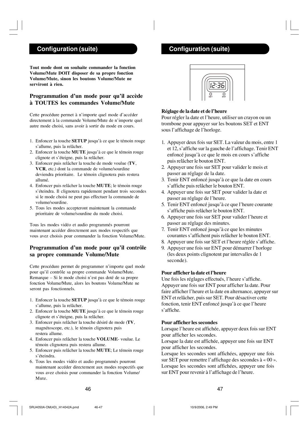 Philips SRU4050 owner manual Réglage de la date et de l’heure 