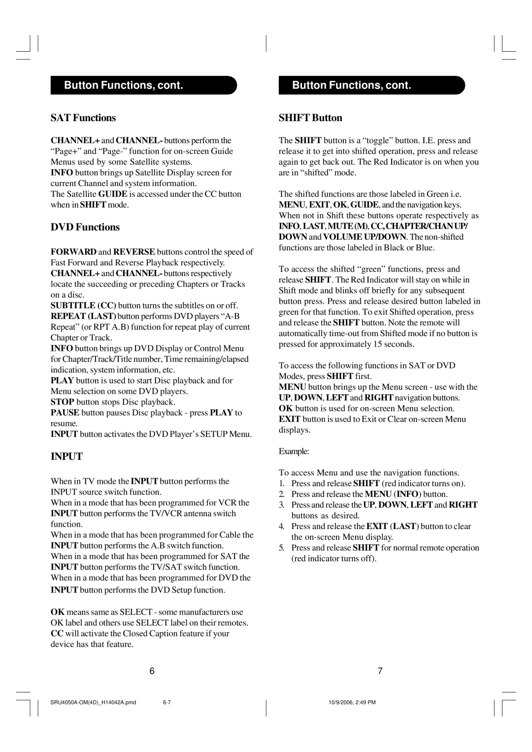 Philips SRU4050 owner manual Button Functions, SAT Functions 