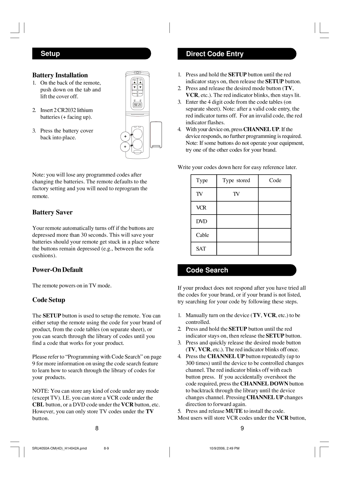 Philips SRU4050 owner manual Setup, Direct Code Entry, Code Search 