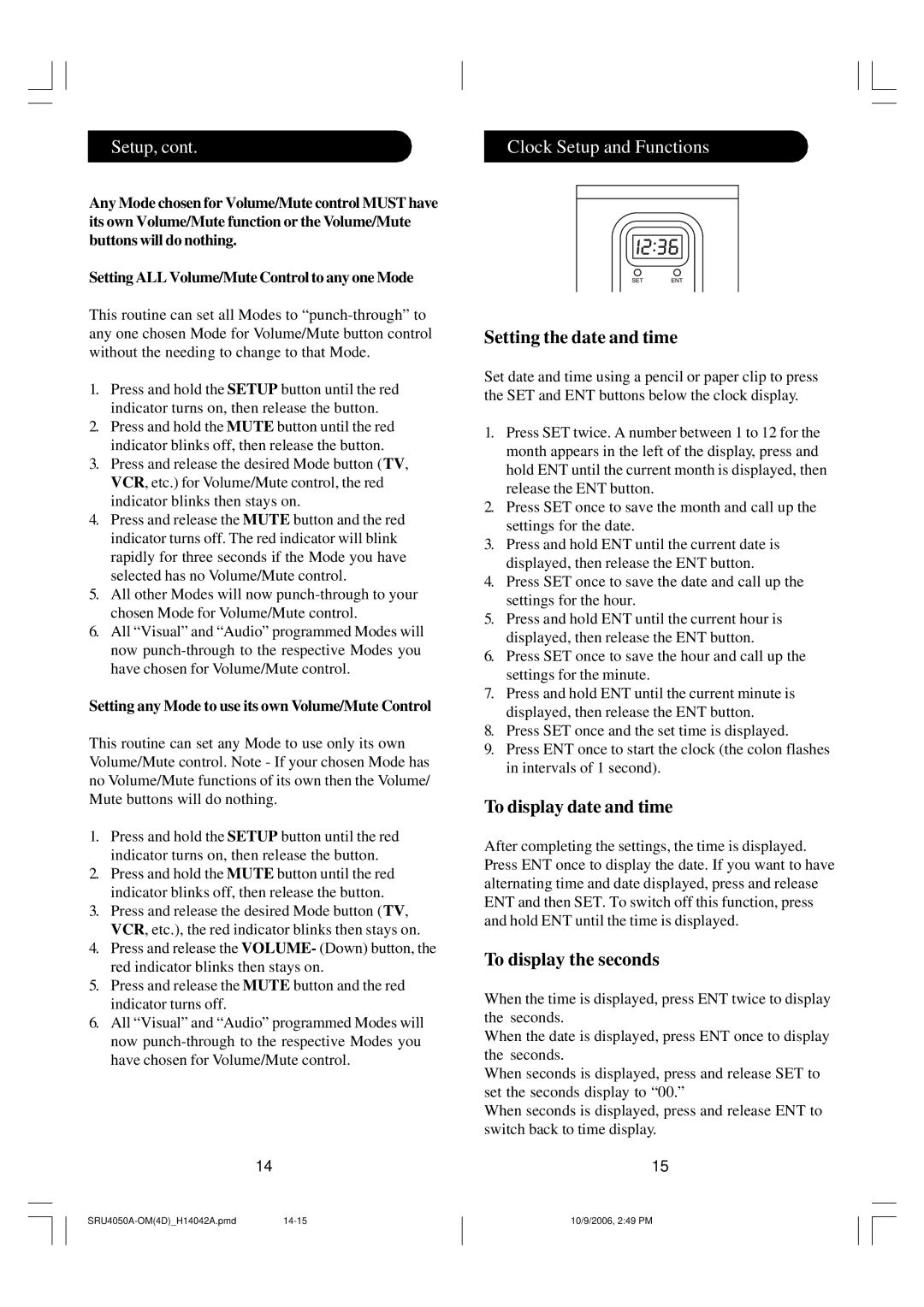 Philips SRU4050 owner manual Clock Setup and Functions, Setting any Mode to use its own Volume/Mute Control 