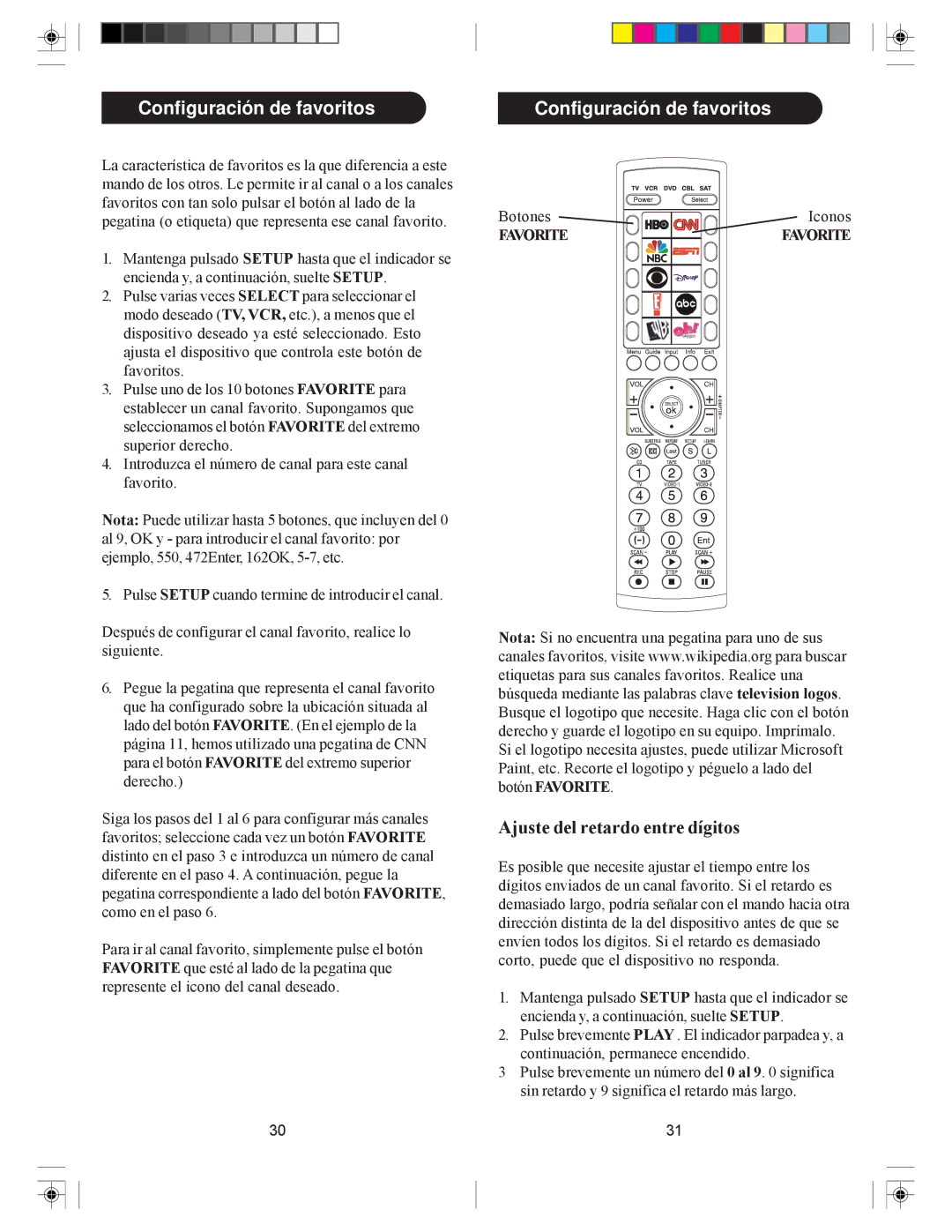 Philips SRU4105/27 owner manual Configuración de favoritos, Ajuste del retardo entre dígitos 