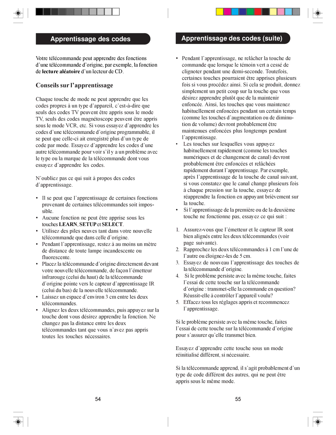 Philips SRU4105/27 owner manual Conseils sur l’apprentissage, Apprentissage des codes suite 