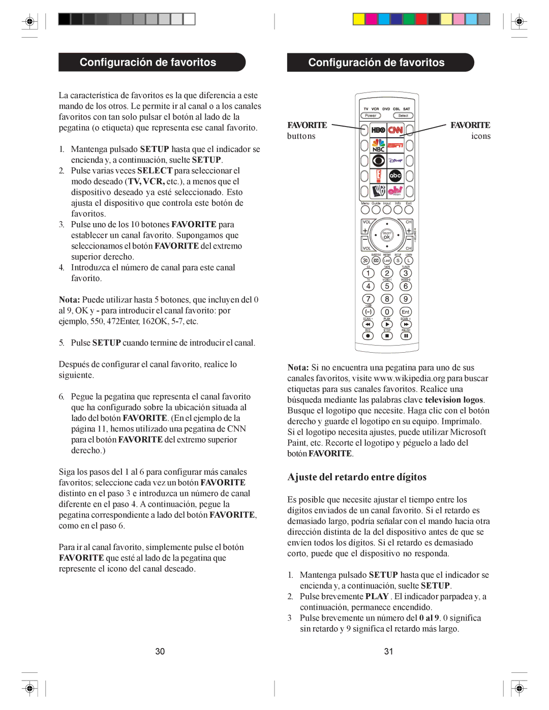 Philips SRU4105WM/17 owner manual Configuración de favoritos, Ajuste del retardo entre dígitos 