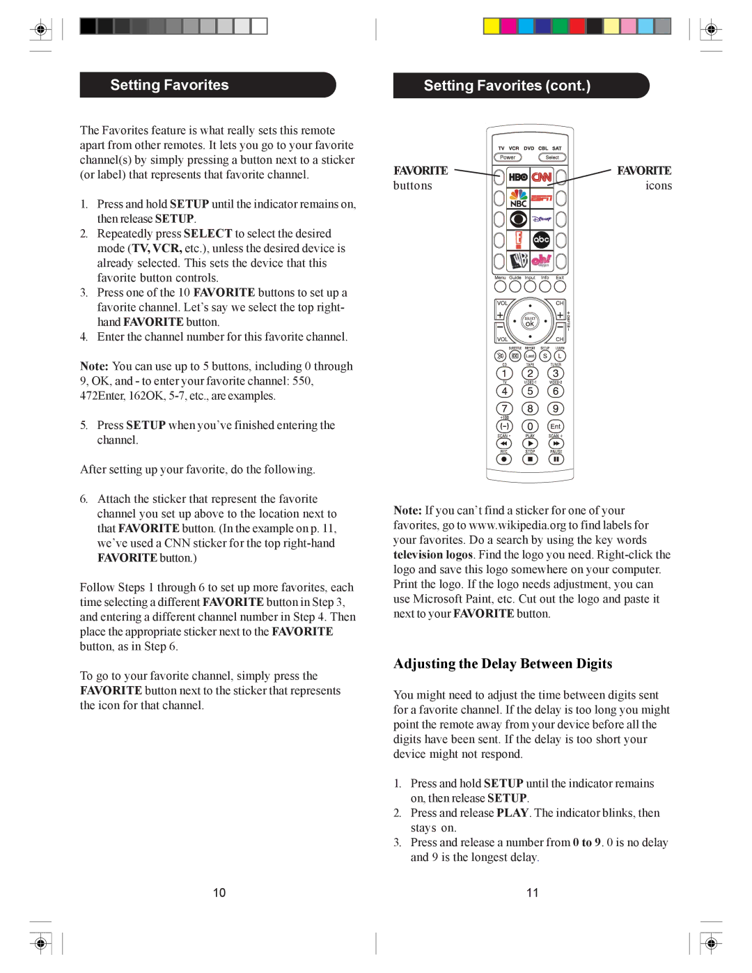 Philips SRU4105WM/17 owner manual Setting Favorites, Adjusting the Delay Between Digits 