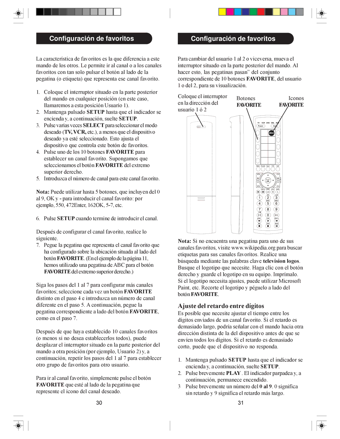 Philips SRU4205 owner manual Configuración de favoritos, Ajuste del retardo entre dígitos 