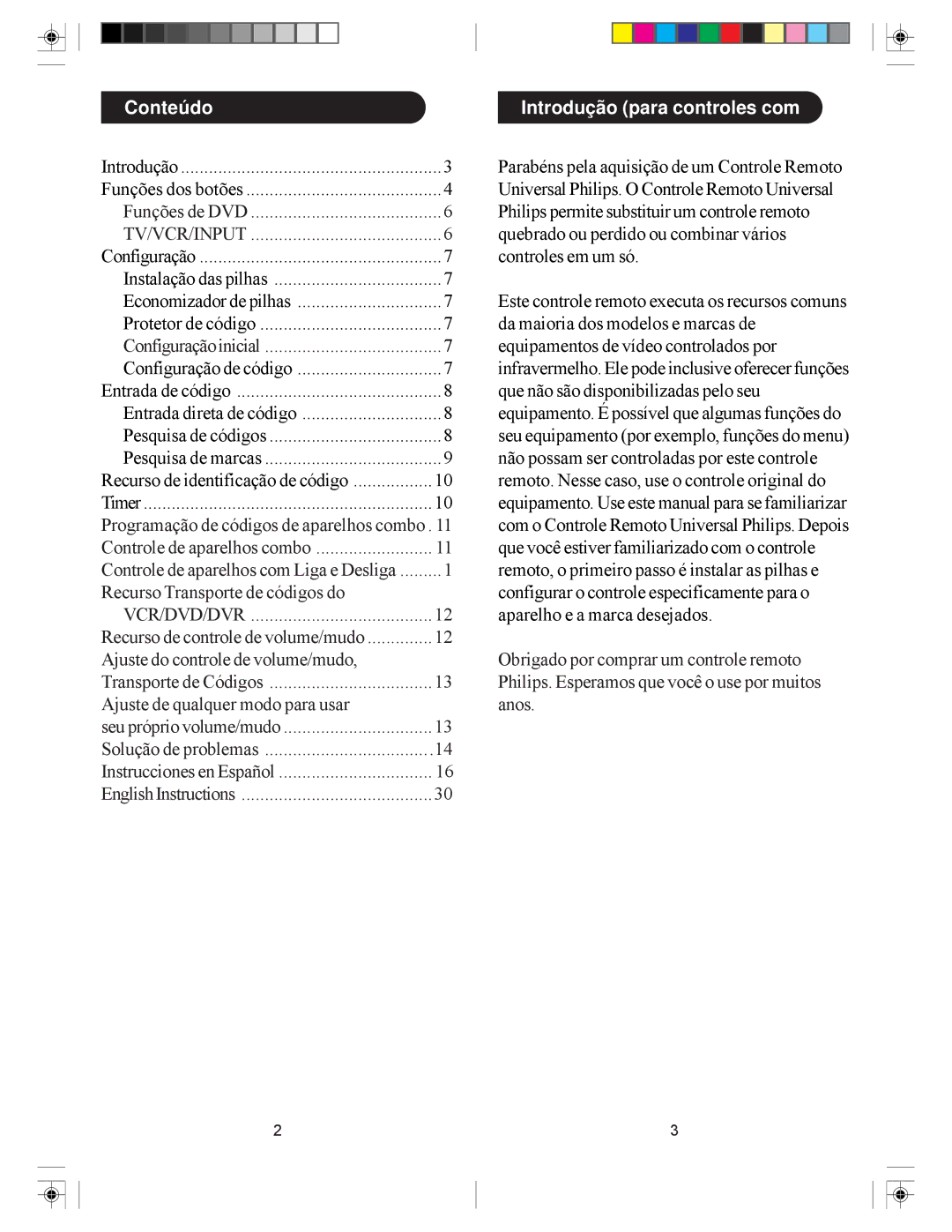 Philips SRU5030/55 owner manual Conteúdo, Introdução para controles com 