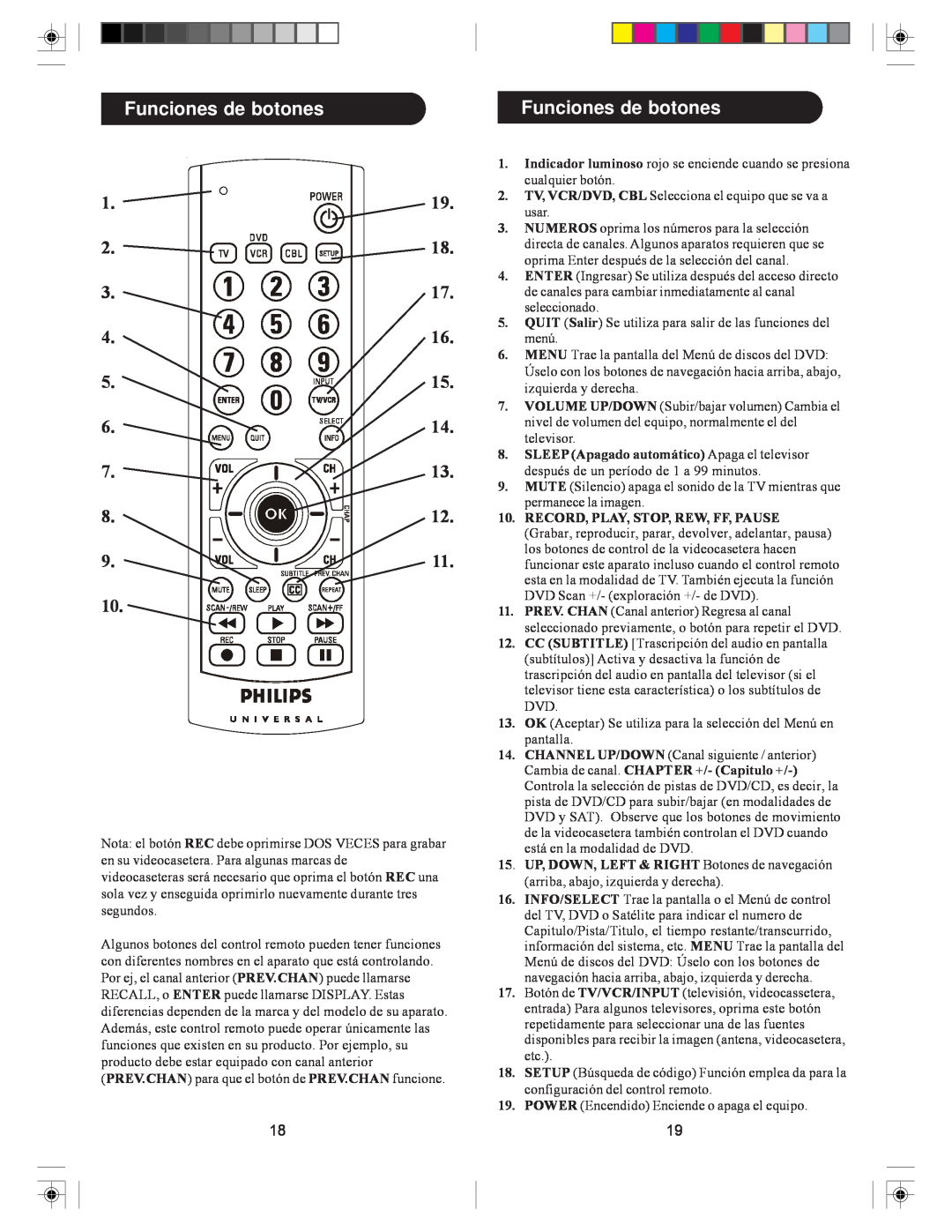 Philips SRU5030/55 owner manual Funciones de botones 