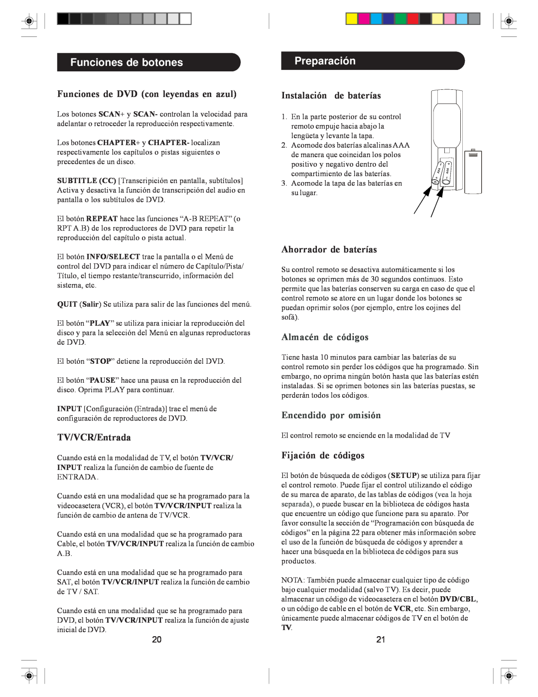 Philips SRU5030/55 owner manual Preparación, Funciones de botones, Funciones de DVD con leyendas en azul, TV/VCR/Entrada 