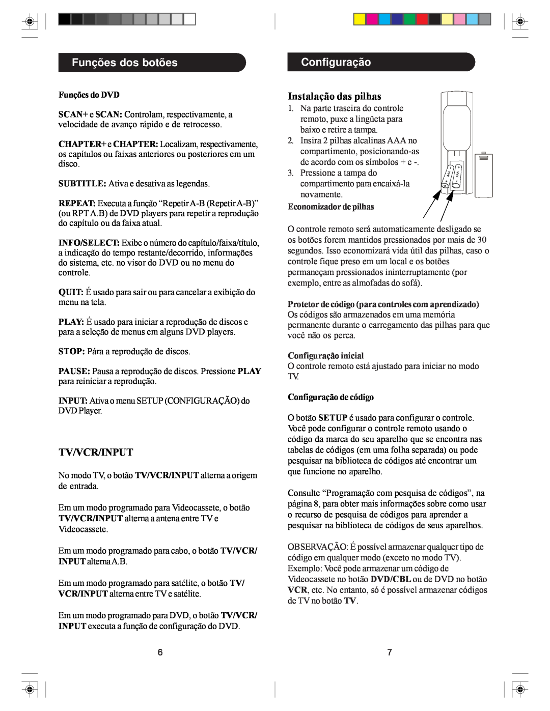 Philips SRU5030/55 owner manual Configuração, Funções dos botões, Tv/Vcr/Input, Instalação das pilhas, Funções do DVD 