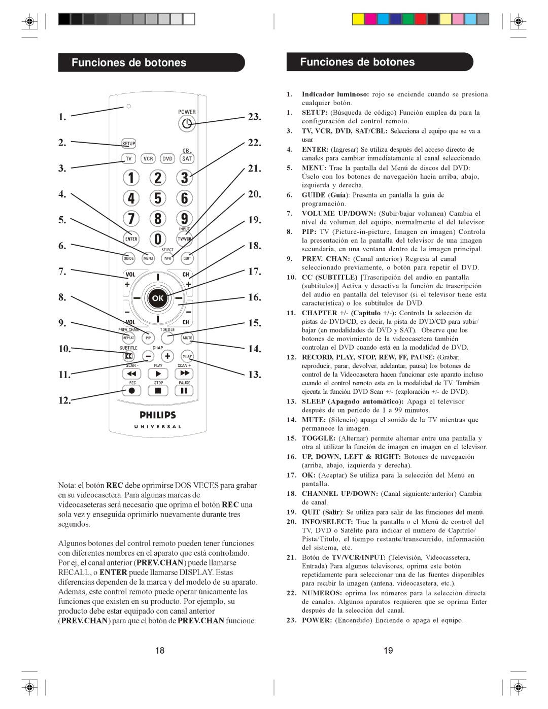 Philips SRU5040/55 owner manual Funciones de botones, Chapter +/- Capitulo +/- Controla la selección de 