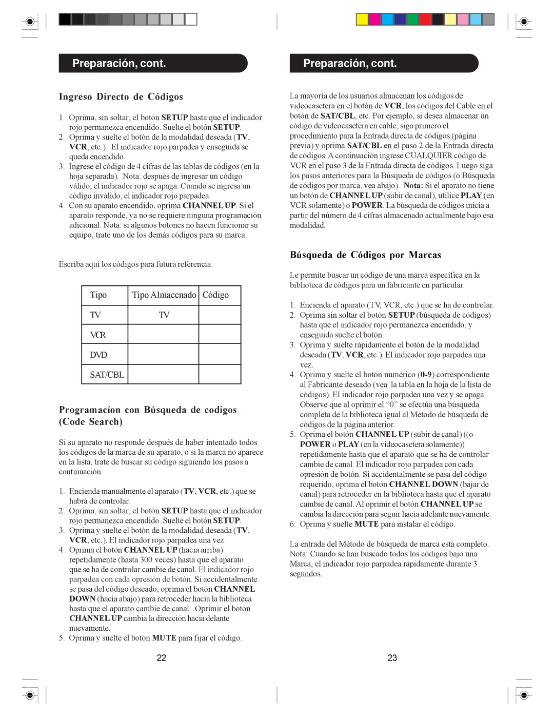 Philips SRU5040/55 owner manual Preparación, Ingreso Directo de Códigos, Programacíon con Búsqueda de codigos Code Search 