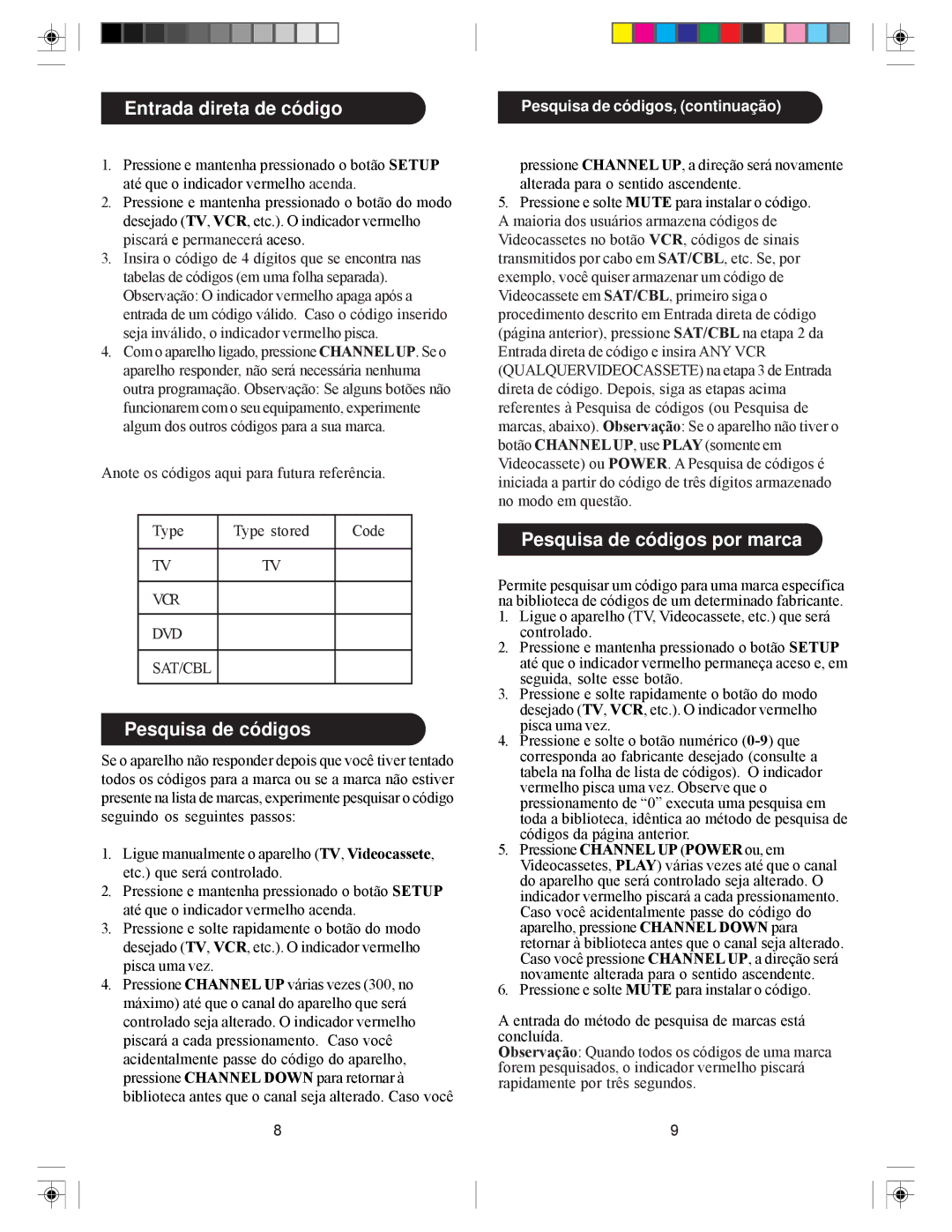 Philips SRU5040/55 owner manual Entrada direta de código, Pesquisa de códigos por marca 