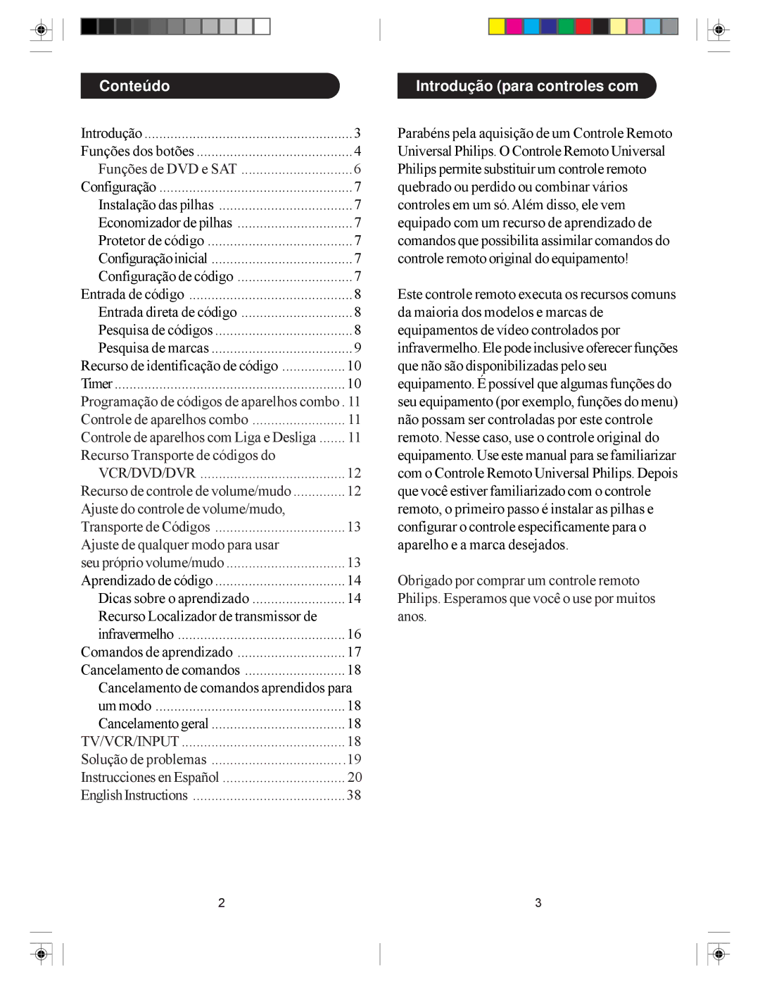 Philips SRU5050, SRU5055 owner manual Conteúdo, Introdução para controles com 