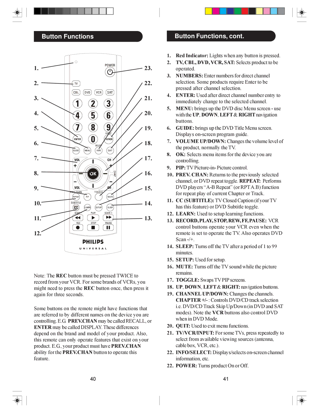 Philips SRU5055, SRU5050 owner manual Button Functions Button Functions, TV, CBL, DVD, VCR, SAT Selects product to be 